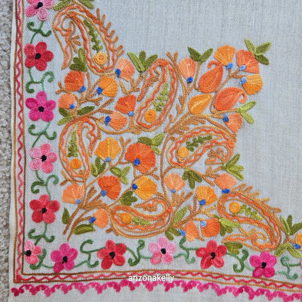 Wool Scarf with Chain Stitch Embroidery Shawl Wrap Floral